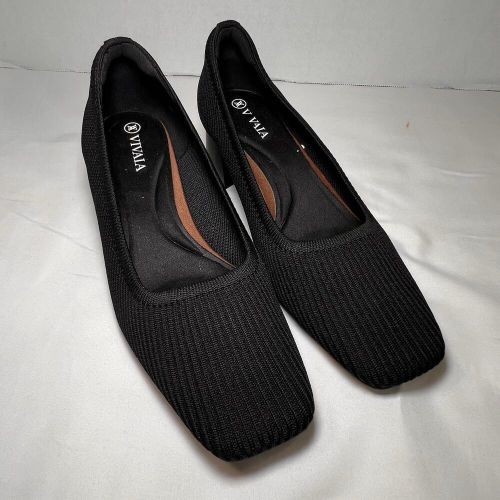 Vivaia Margot 2.0 Shoes Size 37.5 US 7 Black Square Toe Knit Block Heels Comfort